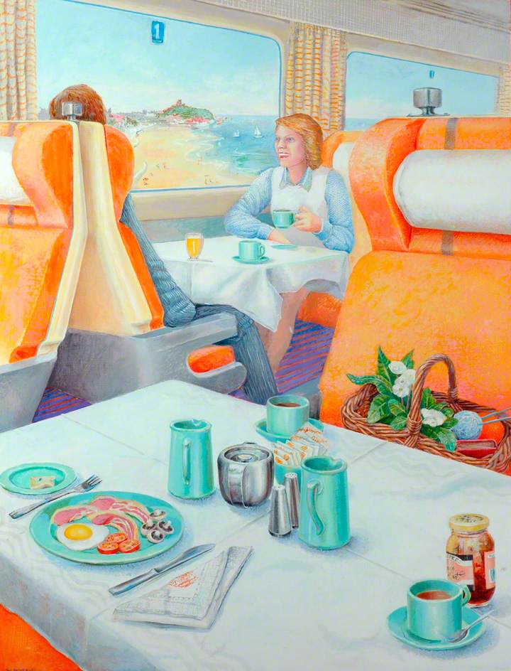 Interior of Restaurant Car with Diners Looking out over Beach