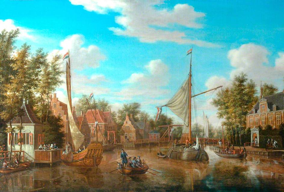 Dutch Canal Scene with Rigged Sailing Vessels and Figures among the Terraced Townhouses of Holland