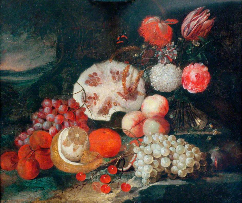 A Still Life of Fruit and Flowers Set in a Landscape