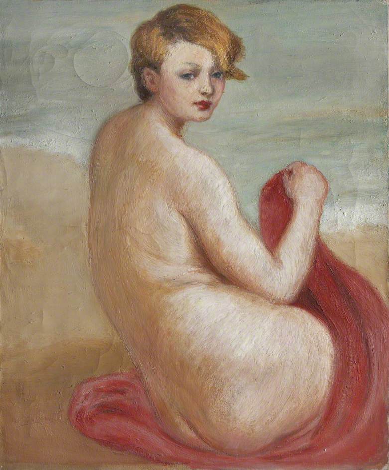 Nude with a Red Towel on a Beach