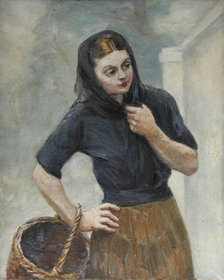 Portrait of a Lady in a Black Shawl Carrying a Basket