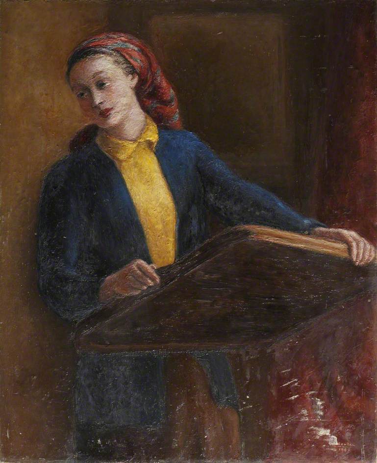 Lady with a Red Headscarf and Wooden Tray