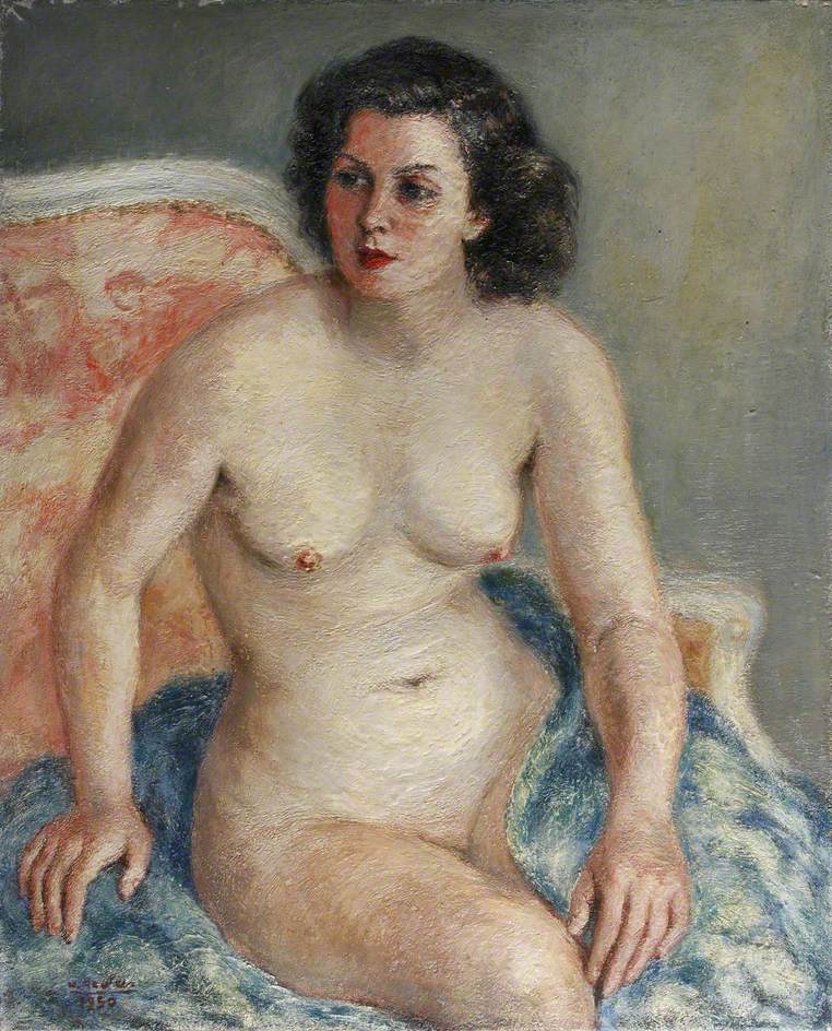 Nude Seated on a Blue Blanket