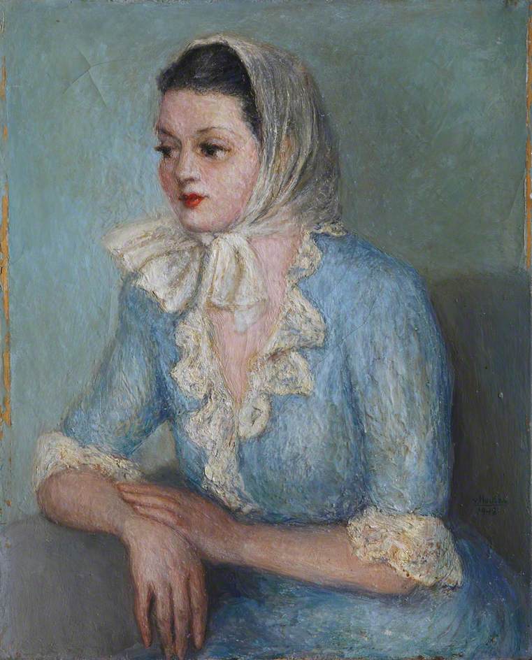 Lady in a Blue Dress with White Headscarf