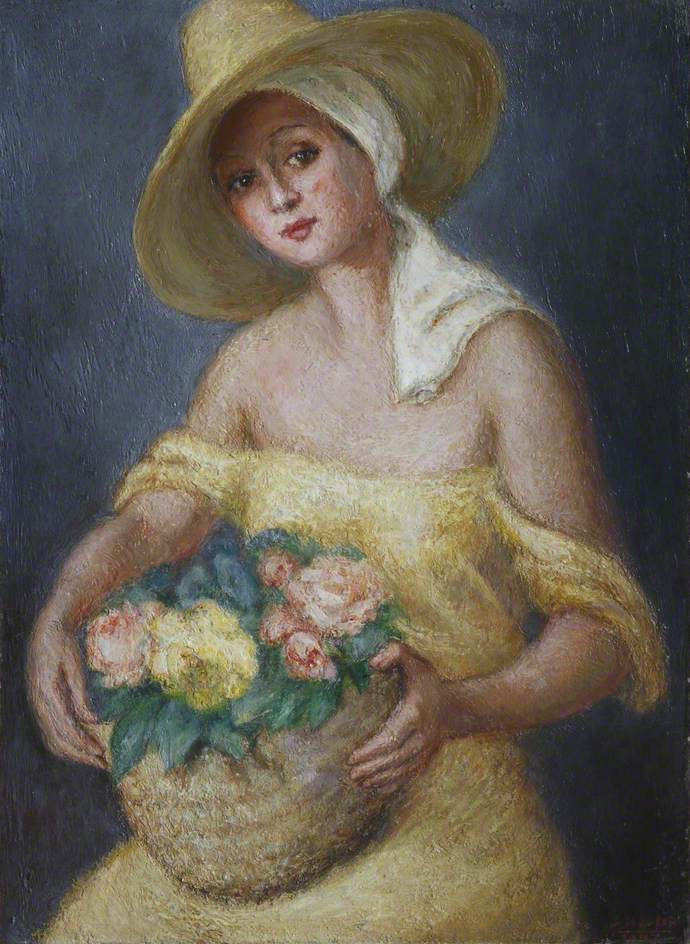 Lady in Yellow Carrying a Basket of Flowers