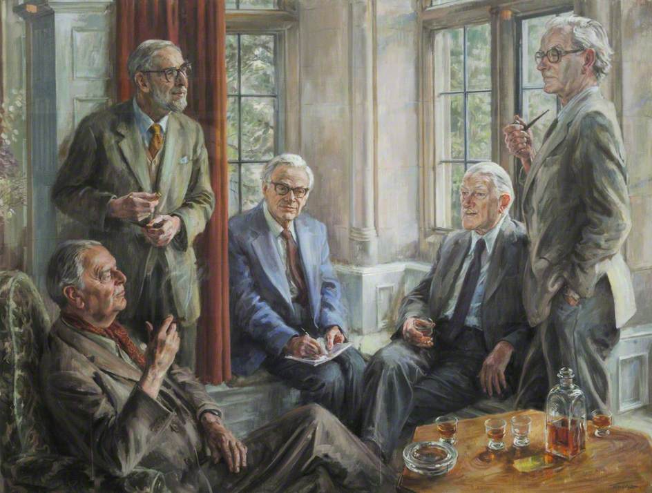 Arts and Sciences at Trinity: Group of Professor Alexander Ogston, Sir Ronald Syme (1903–1989), Kenneth, Lord Clark (1903–1983), Sir Hans Krebs (1900–1981), and Profesor Rodney Porter (1917–1985)