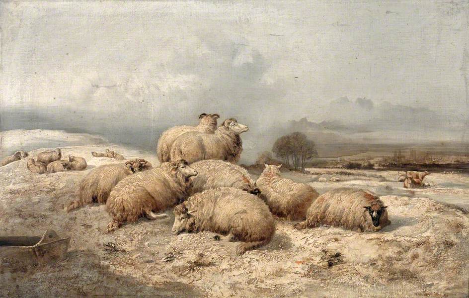 Sheep in Snow near a Cathedral Town