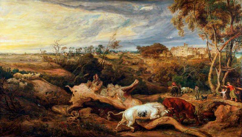 Bulls Fighting, with a View of Donatt's Castle, Glamorganshire