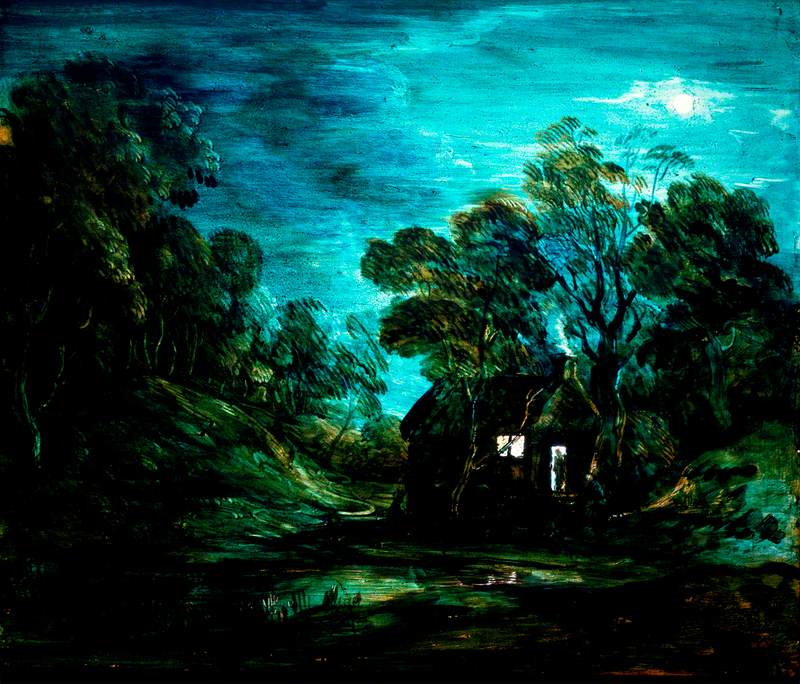 Wooded Moonlight Landscape with a Pool and a Figure at the Door of a Cottage