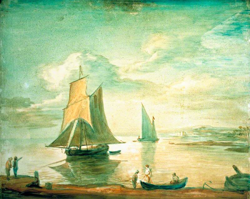 Coastal Scene with Sailing and Rowing Boats and Figures on the Shore