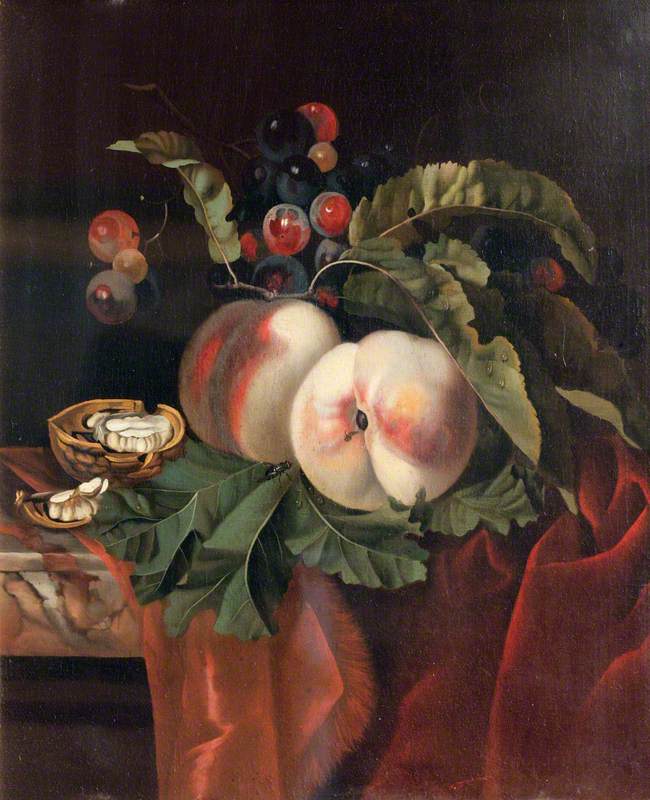 Fruit Piece with Peaches, Grapes and a Walnut