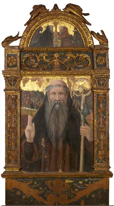 Saint Anthony Abbot (main panel); Saint Paul the Hermit and Saint Anthony in the Desert (lunette) (one side of two-sided panel)