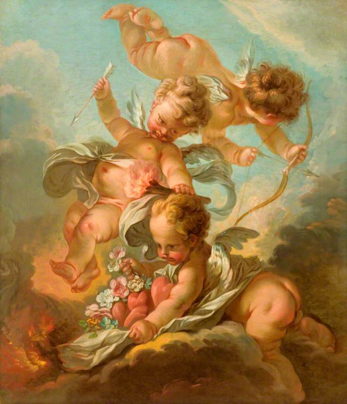 Fire: Three Putti Holding a Bow and Arrow, a Burning Torch, and a Mantle Containing Hearts and Flowers