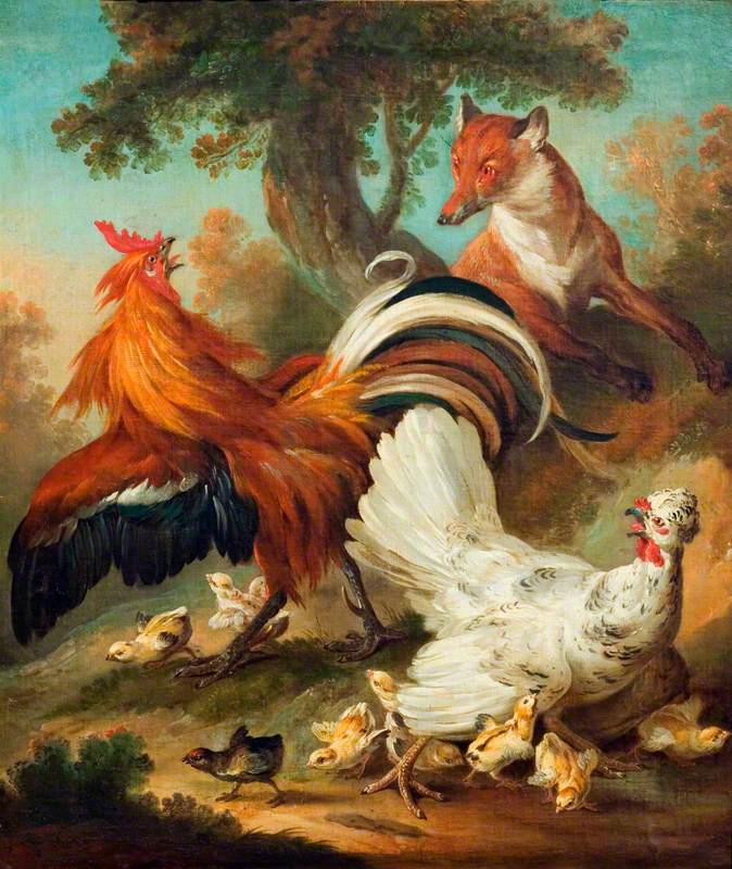 Cock, Hen and Chickens Surprised by a Fox