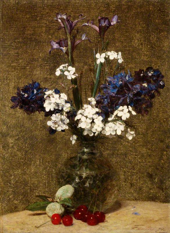 Flowers: Iris and Hyacinths, with Cherries and Almonds on the Table