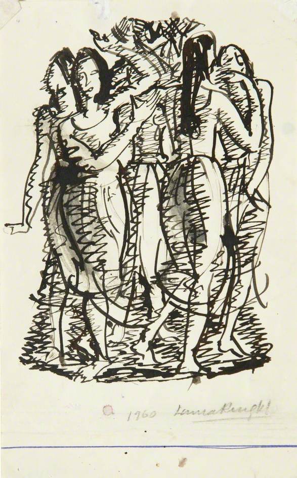 Drawing of a Group of Women Dancing in a Tight Circle