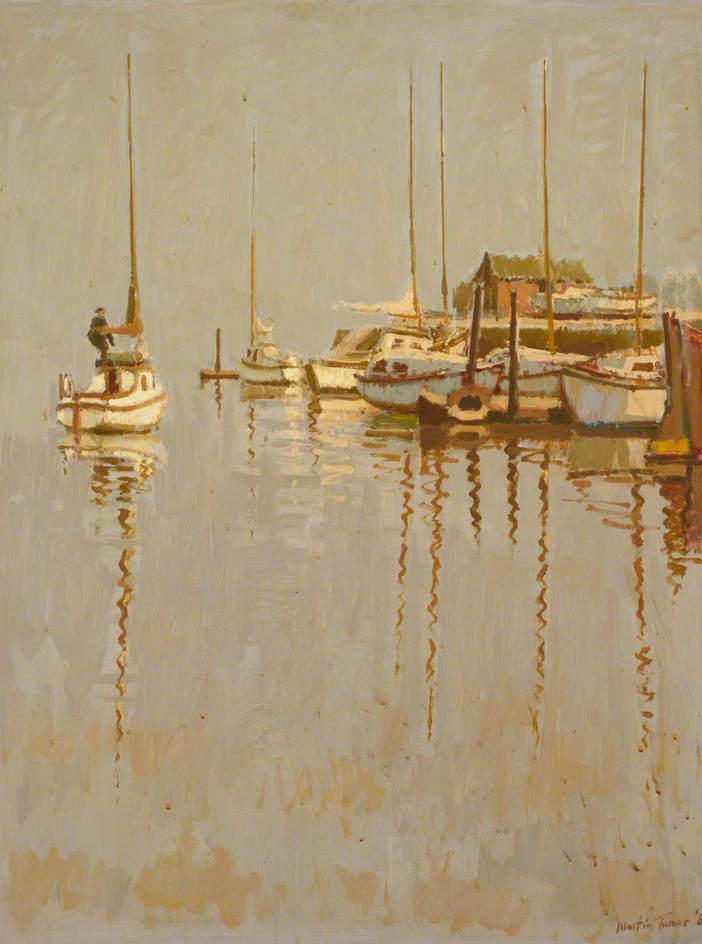 Small Boats Lying at Anchor in Still Water