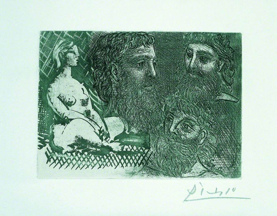 Femme nue assise et trois têtes barbues (Seated Nude and Three Bearded Heads)