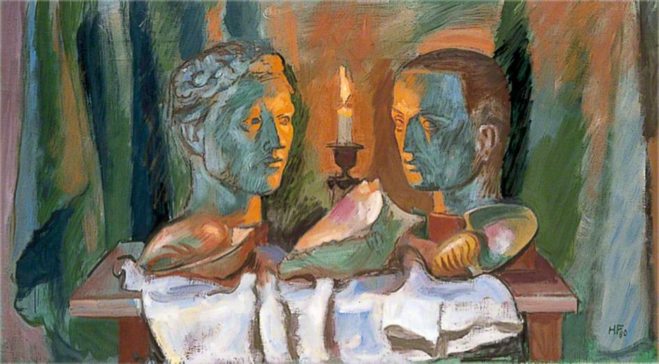 Still Life of Two Heads, Three Shells and a Candle