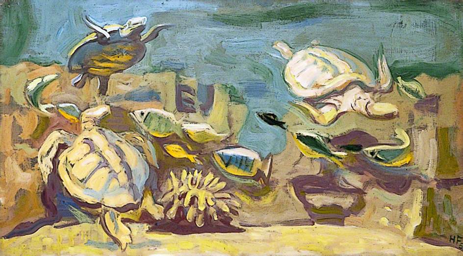 Study of Three Turtles Swimming with Fish