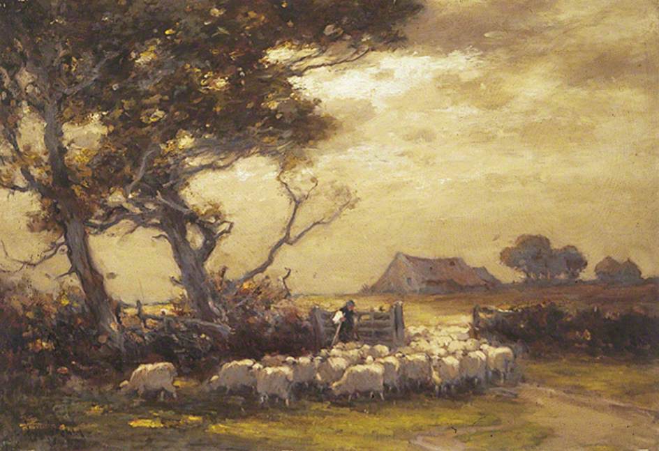 A Flock of Sheep Passing through a Gateway